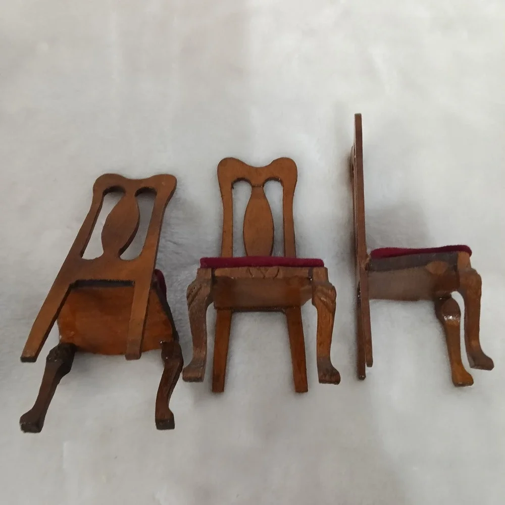 Vintage Miniature Wood Dollhouse Furniture Set 7pc Settee Chairs Tables Burgundy